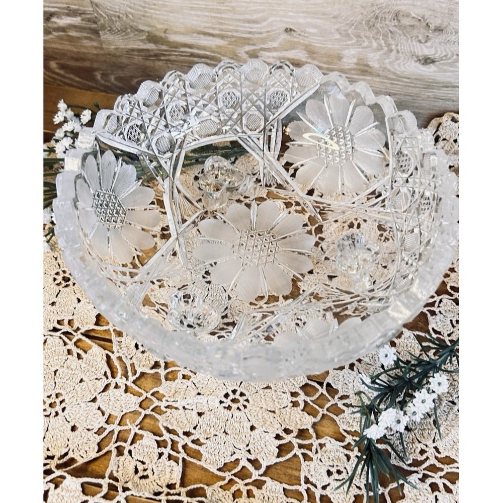 Vintage Cut Crystal Footed Bowl Scalloped Floral Dish 7" Pedestal Glass